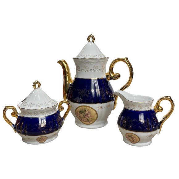 Vtg Italian Design Victorian Teapot Creamer Sugar Fine Porcelain Blue White Gold - Picture 1 of 12